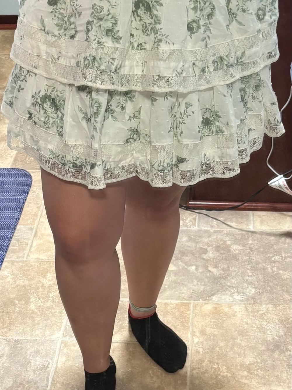 Floral Tiered Ruffle Mini Skirt in White and Sage